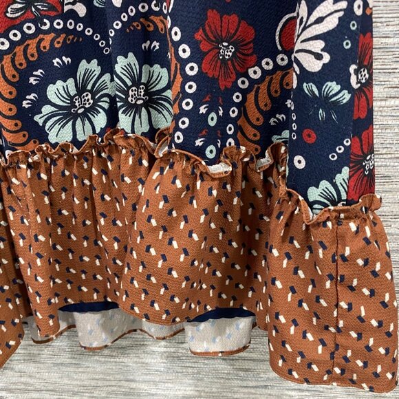 Joy Joy Womens Multicolor Boho Floral Print Dress With 3/4 Sleeves & Ruffle Hem - Picture 4 of 6